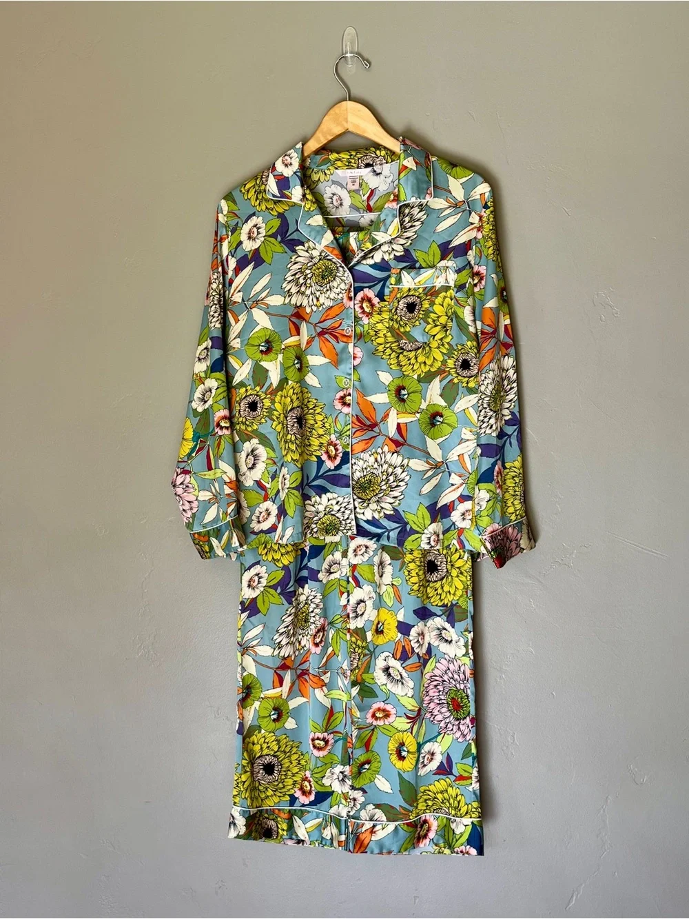 YiNi LuLu Silky Satin Botanical Floral Garden Boho Pajamas Sleep Lounge Set M